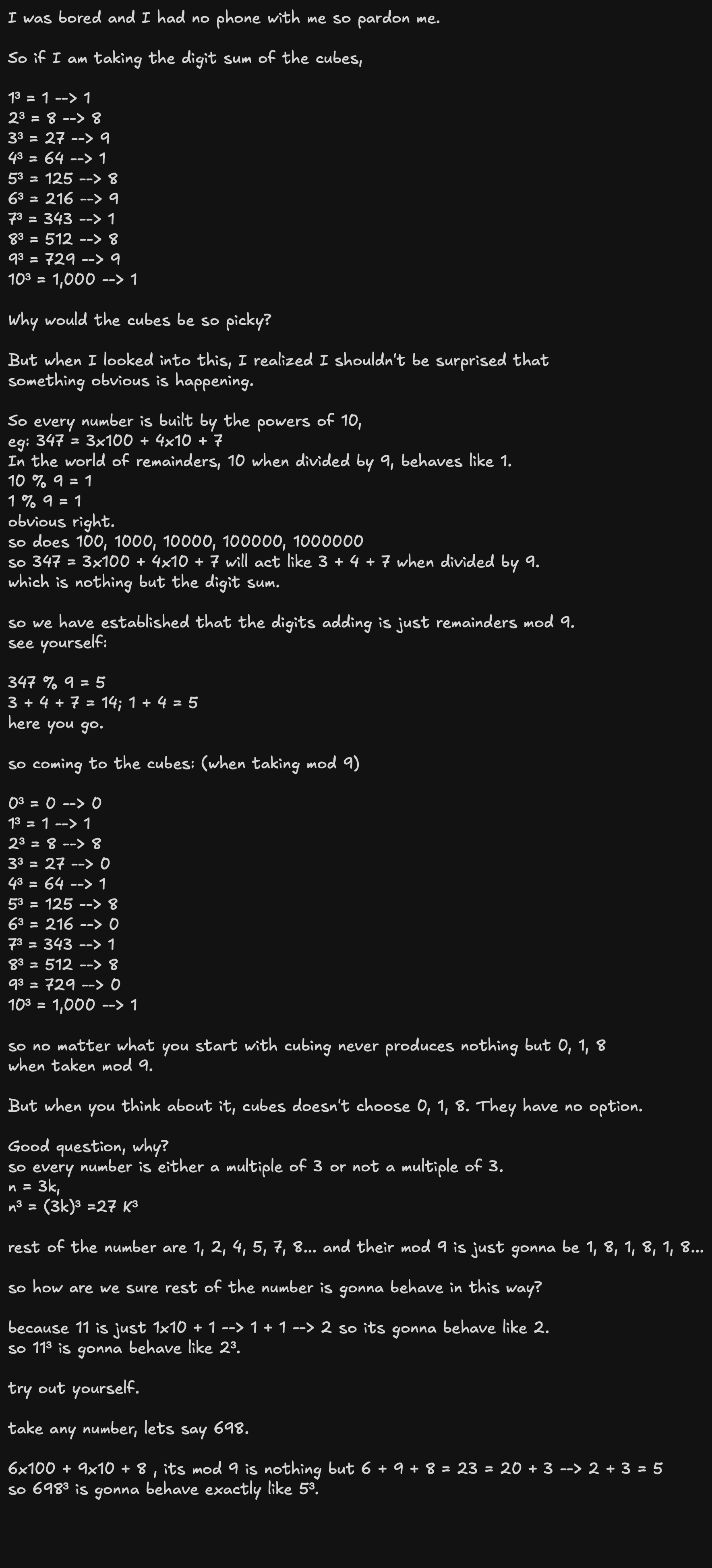 Handwritten note explaining why 698 cubed behaves like 5 cubed modulo 9